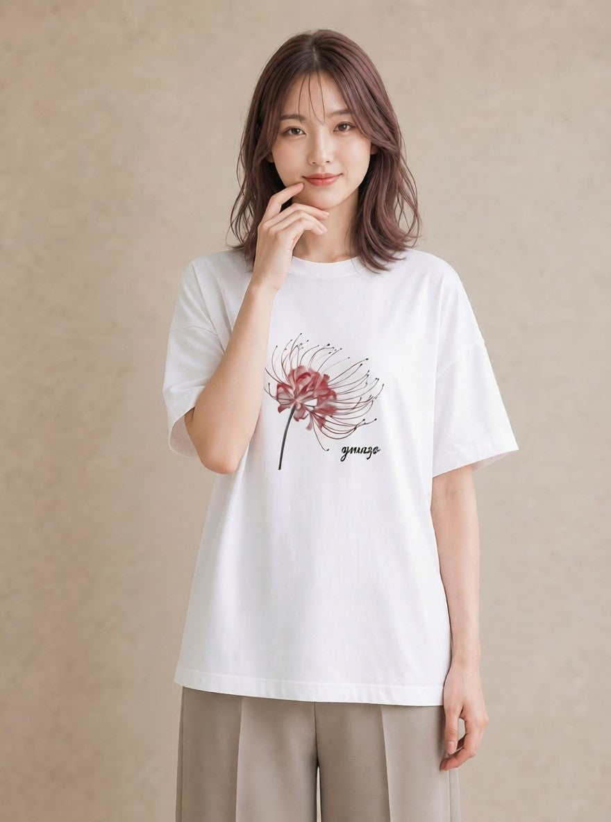 グラフィックTシャツ レディース 彼岸花 花 花柄 イラスト 抜け感 敬老の日 ホワイトデー 白T