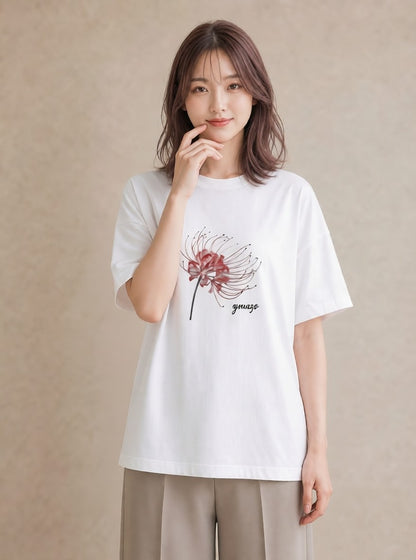 グラフィックTシャツ レディース 彼岸花 花 花柄 イラスト 抜け感 敬老の日 ホワイトデー 白T