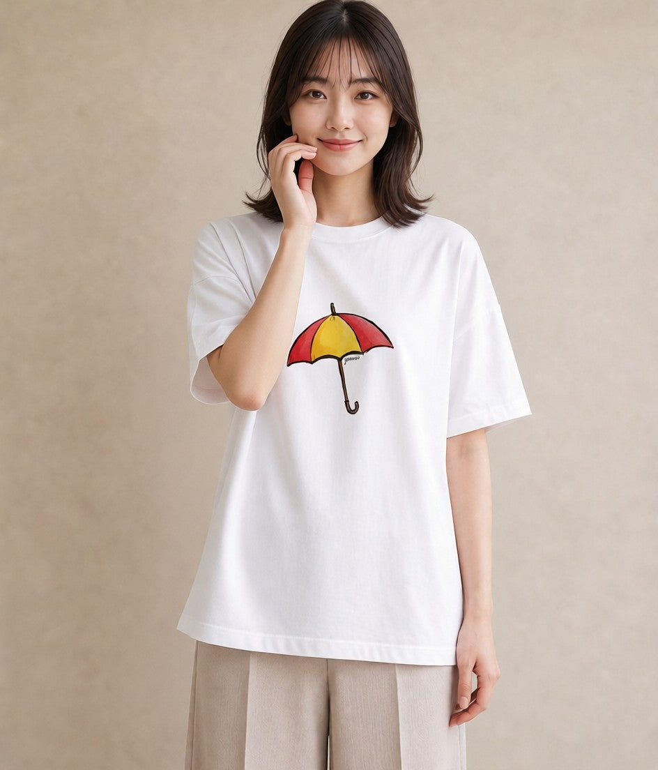 半袖Tシャツ レディース 傘 水たまり 雨 ナチュラル アンティーク イラスト こなれ感 部屋着 女性向けギフト 白T