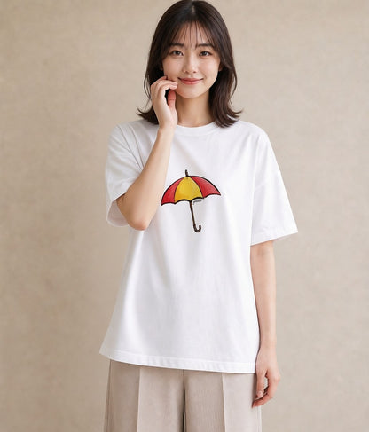 半袖Tシャツ レディース 傘 水たまり 雨 ナチュラル アンティーク イラスト こなれ感 部屋着 女性向けギフト 白T