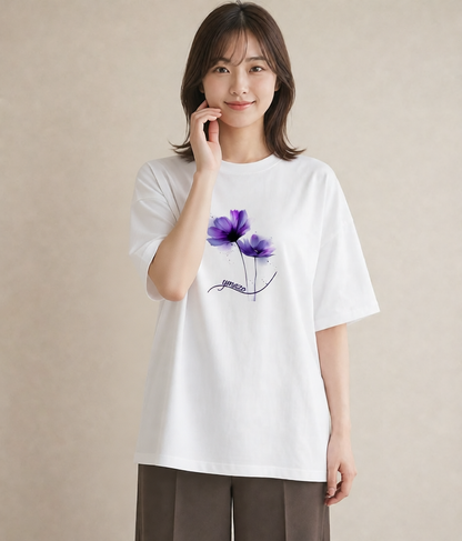 Tシャツ レディース コスモス 秋桜 花 花柄 イラスト ゆるかわ ルームウェア ギフト 白T