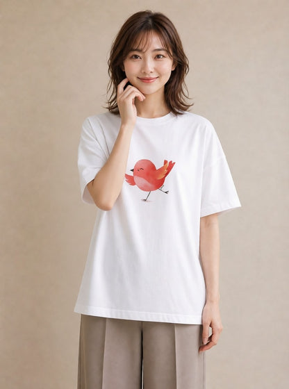 プリントTシャツ レディース 桜文鳥 ペット 動物 イラスト 手描き風 買い物 夏コーデ 白T