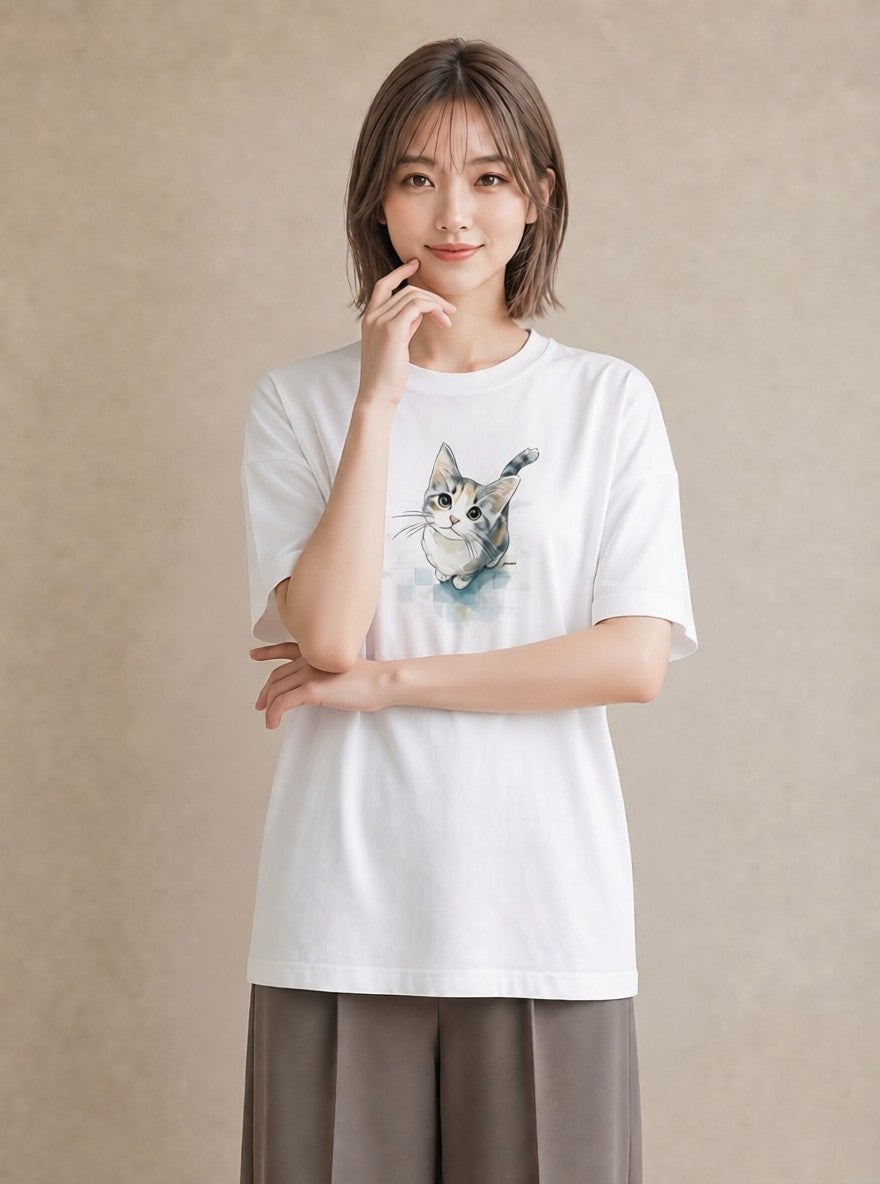 グラフィックTシャツ レディース サビ猫 猫 ねこ イラスト 上品 海 カフェ巡り 白T