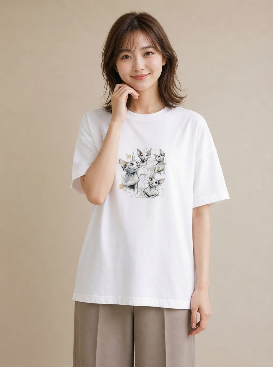 プリントTシャツ レディース シャム柄 猫 ねこ イラスト 線画 女性向けギフト 散歩 白T