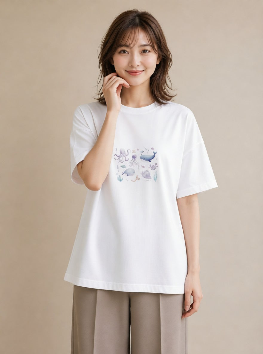 グラフィックTシャツ レディース クジラ 海の生き物 海 イラスト 休日 ペアコーデ 白T