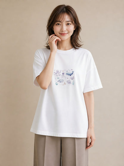 グラフィックTシャツ レディース クジラ 海の生き物 海 イラスト 休日 ペアコーデ 白T