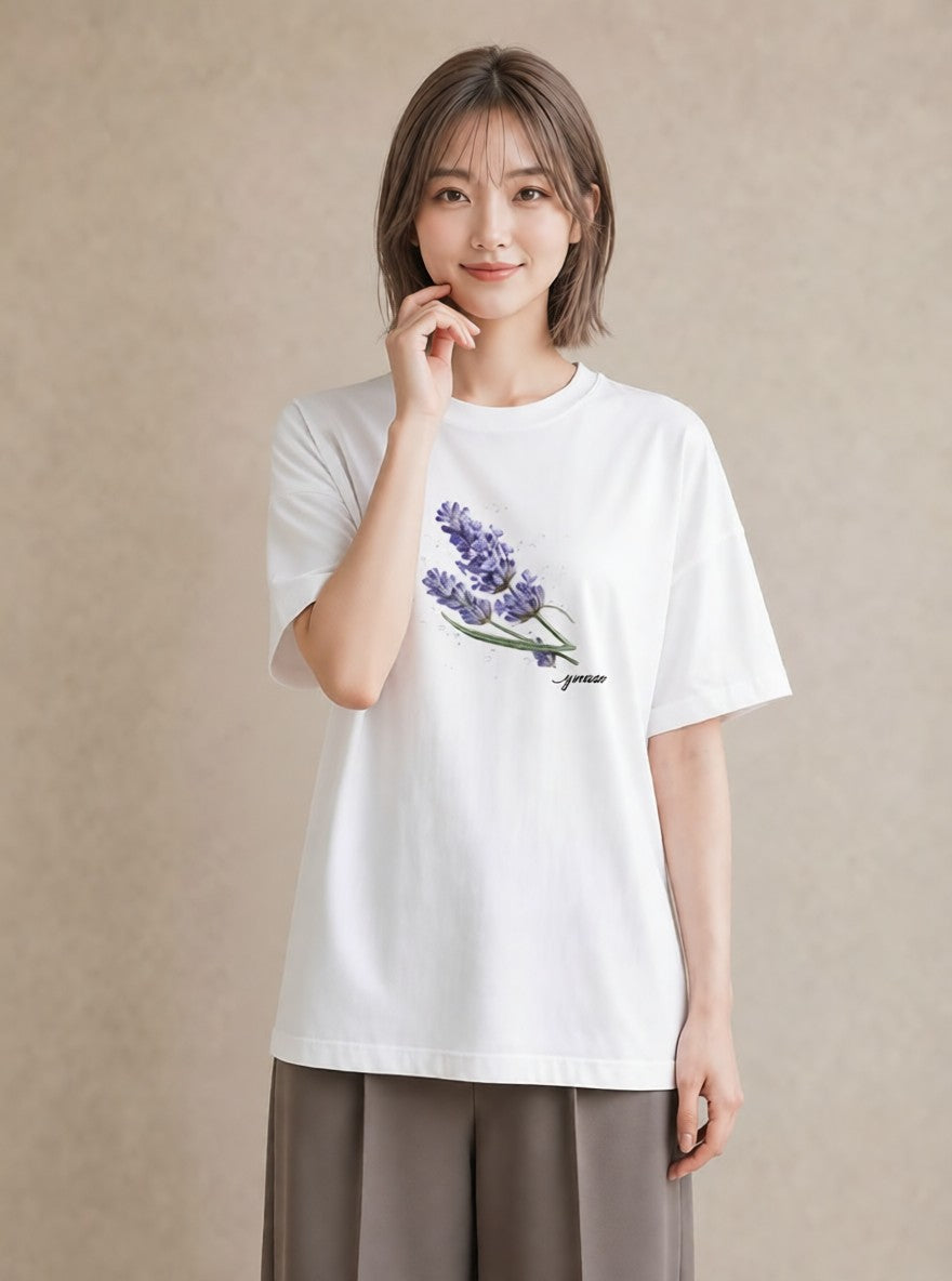 プリントTシャツ レディース ラベンダー 花 花柄 イラスト ペアコーデ 秋コーデ 白T