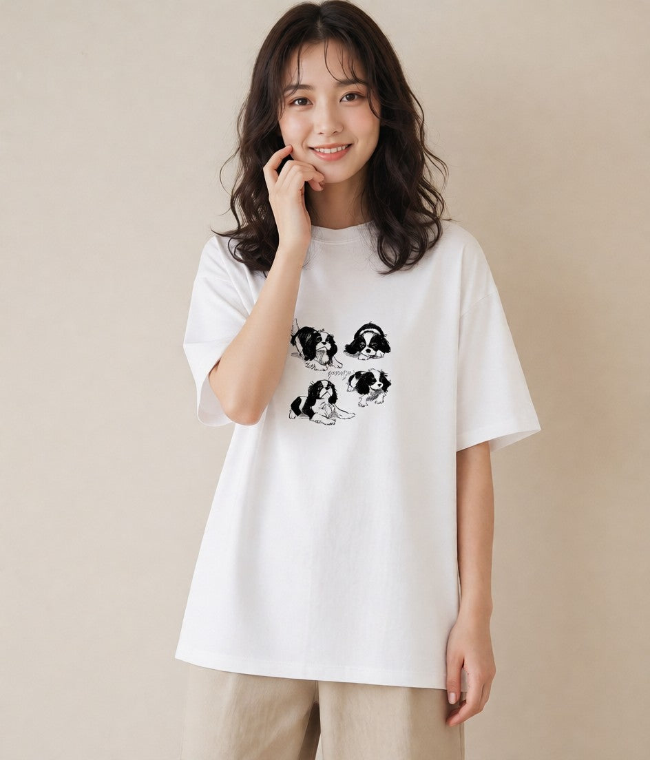 Tシャツ レディース キャバリア 犬 いぬ イラスト ミセス 春コーデ 白T