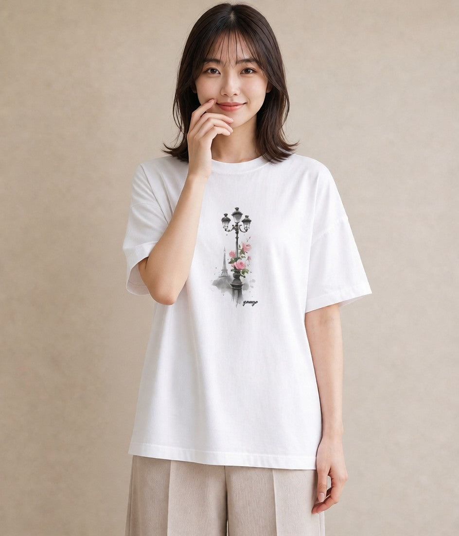 グラフィックTシャツ レディース 街灯 夜霧 夜 ナチュラル アンティーク イラスト 旅行コーデ 春服 ミセス 白T