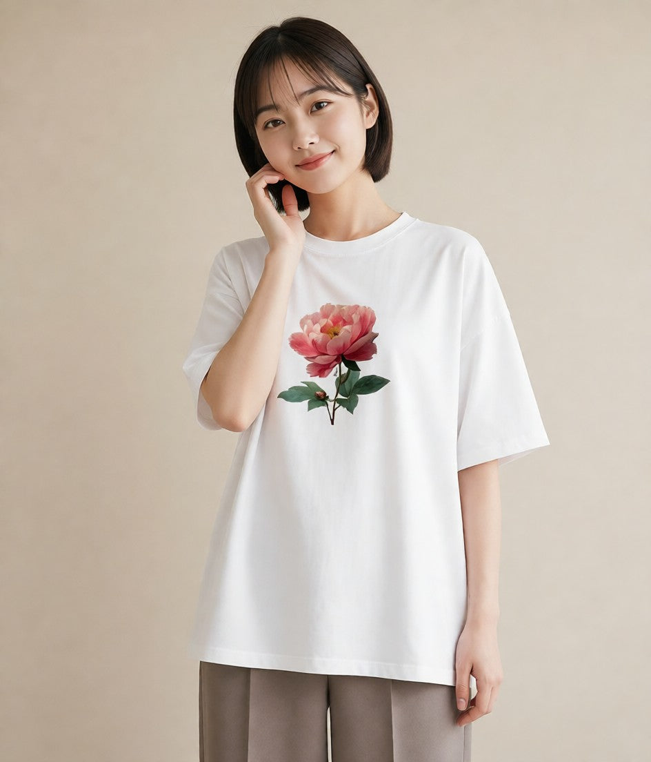 プリントTシャツ レディース 牡丹 花 花柄 イラスト こなれ感 春服 ミセス 白T