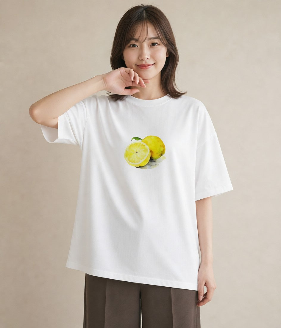 デザインTシャツ レディース レモン 檸檬 食べ物 フード イラスト ミニマル お出かけ 普段着 白T