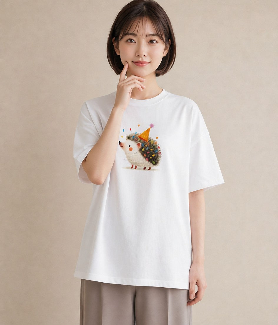 半袖Tシャツ レディース ハリネズミ ペット 動物 イラスト ガーリー 休日 ペアコーデ 白T