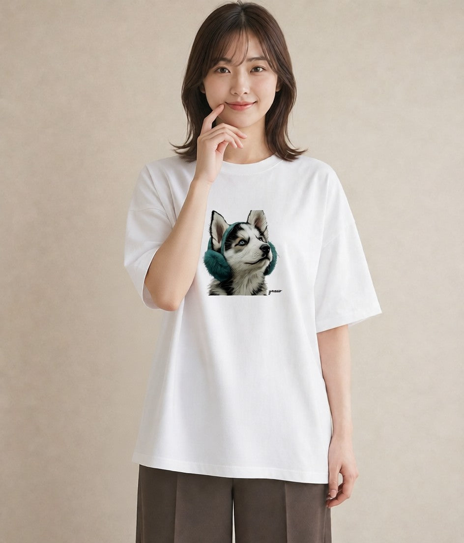 デザインTシャツ レディース シベリアンハスキー 犬 いぬ イラスト きれいめ 送別ギフト 通勤 白T