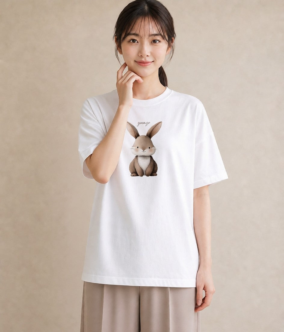 Tシャツ レディース ライオンラビット ペット 動物 イラスト ボタニカル 自分用 ルームウェア 白T