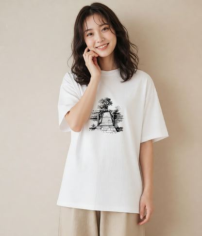 グラフィックTシャツ レディース 小川 橋 せせらぎ ナチュラル アンティーク イラスト ミニマル 誕生日プレゼント 綿100 白T