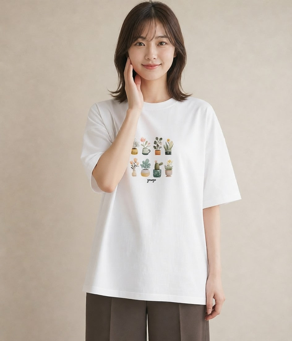 デザインTシャツ レディース サボテン 植物 ボタニカル イラスト 水彩風 ラフ レイヤード 白T