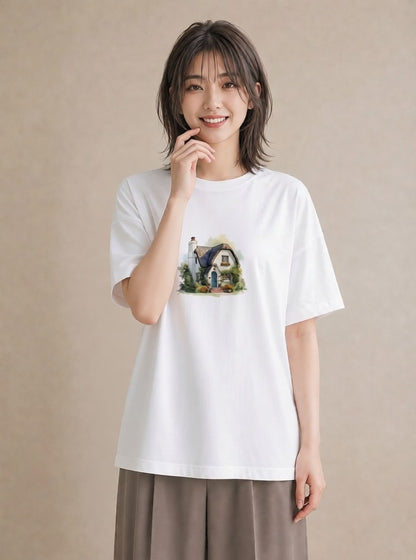 プリントTシャツ レディース 湖畔の小屋 湖 小屋 ナチュラル アンティーク イラスト ヴィンテージ風 秋コーデ おしゃれギフト 白T