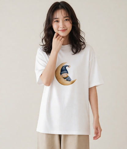 Tシャツ レディース 三日月 星空 宇宙 イラスト アート風 ミセス 春コーデ 白T