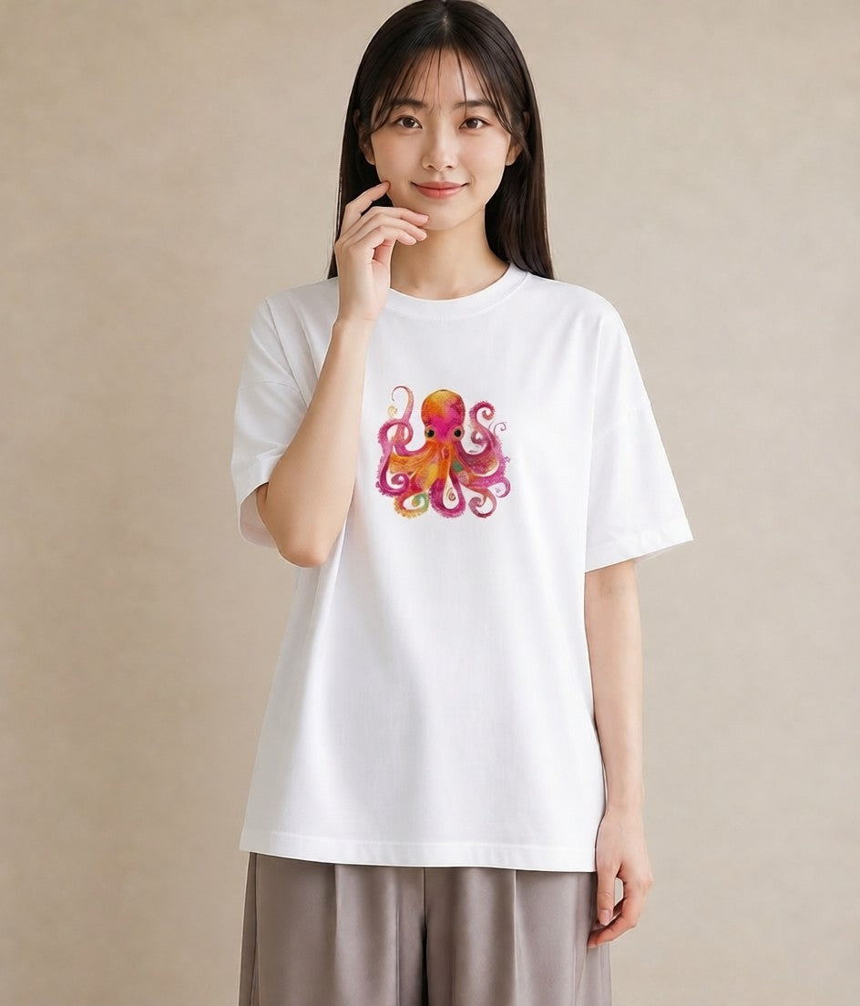 Tシャツ レディース タコ 海の生き物 海 イラスト フェミニン 自分用 ルームウェア 白T