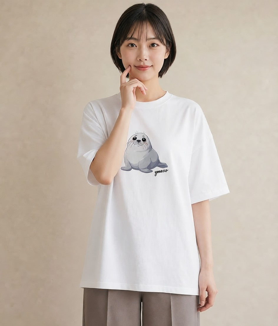 半袖Tシャツ レディース ゴマフアザラシ 動物 アニマル イラスト 個性的 部屋着 女性向けギフト 白T