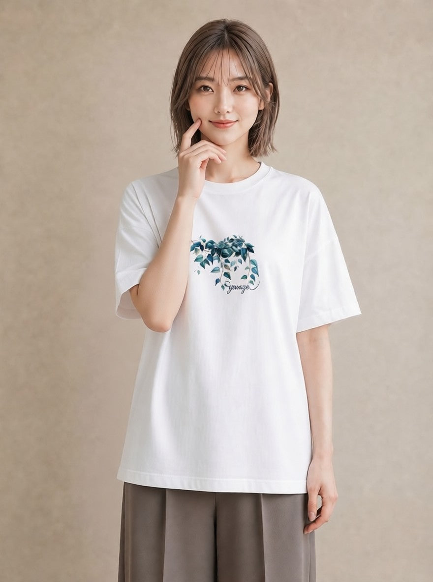 半袖Tシャツ レディース ユーカリ 植物 ボタニカル イラスト きれいめ 公園 ママ 白T