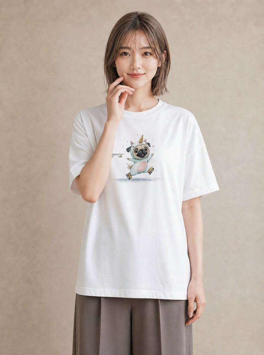 プリントTシャツ レディース パグ 犬 いぬ イラスト ニュアンス 社会人 女性 白T