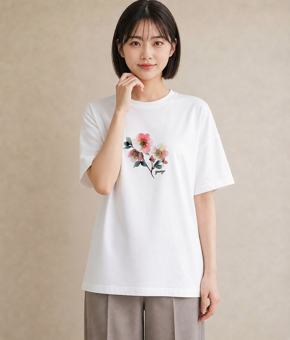 デザインTシャツ レディース 椿 花 花柄 イラスト モード 敬老の日 ホワイトデー 白T