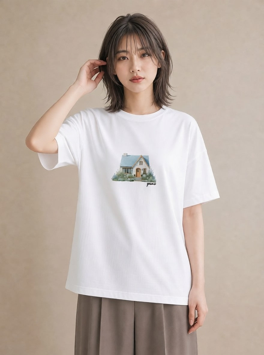 Tシャツ レディース 灯りの家 小屋 夜 ナチュラル アンティーク イラスト 上品 海 カフェ巡り 白T