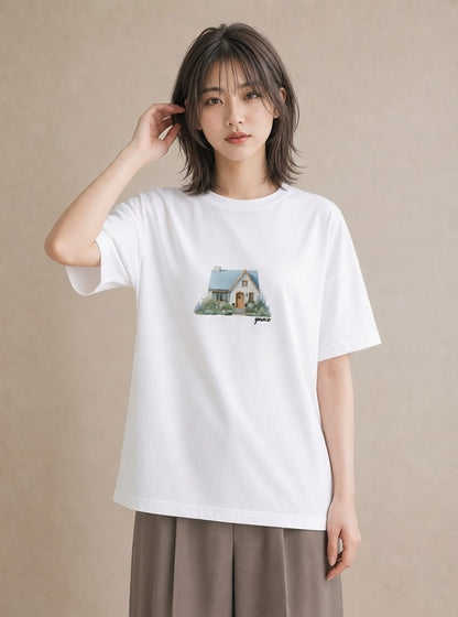 Tシャツ レディース 灯りの家 小屋 夜 ナチュラル アンティーク イラスト 上品 海 カフェ巡り 白T