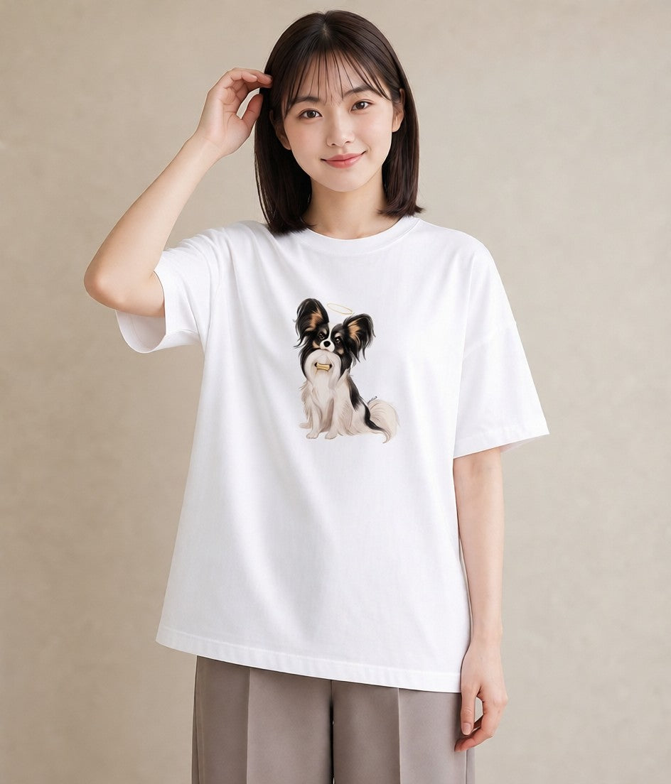 デザインTシャツ レディース パピヨン 犬 いぬ イラスト シック カフェ巡り 女子会 白T