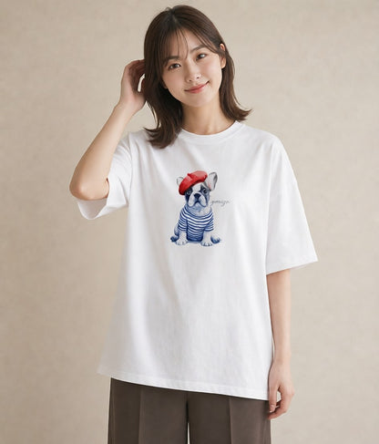 Tシャツ レディース フレンチブルドッグ フレブル 犬 いぬ イラスト カフェコーデ 送別ギフト 通勤 白T