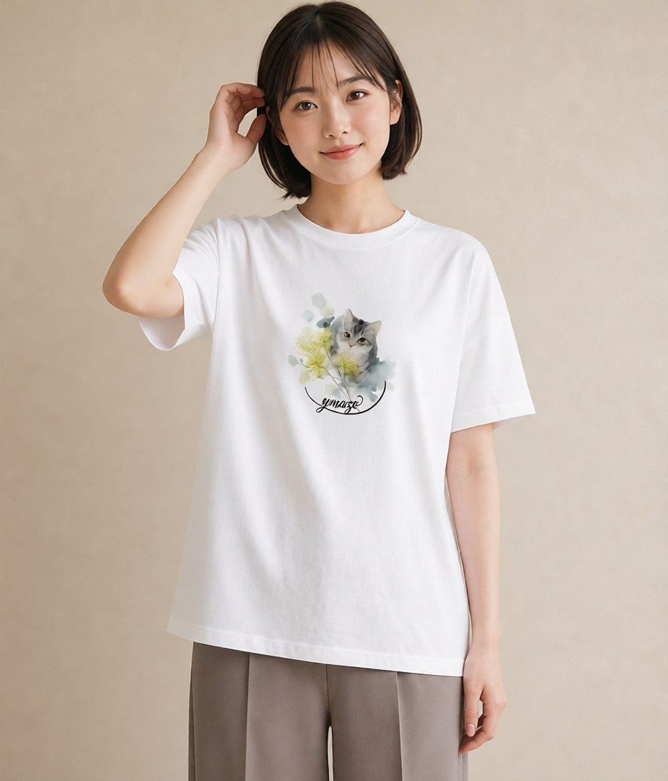 半袖Tシャツ レディース アメリカンショートヘア 猫 ねこ イラスト 抜け感 デイリーウェア 休日 白T