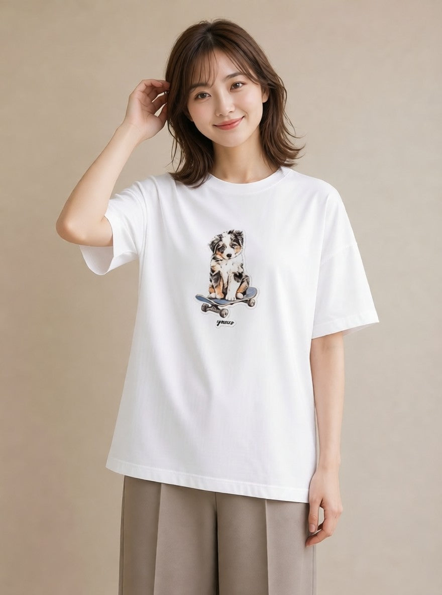 プリントTシャツ レディース ボーダーコリー 犬 いぬ イラスト ヴィンテージ風 公園 ママ 白T