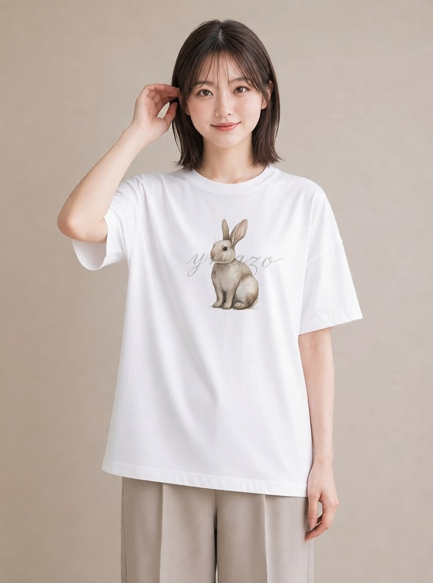 デザインTシャツ レディース ウサギ系野生 動物 アニマル イラスト ナチュラル 誕生日プレゼント 綿100 白T
