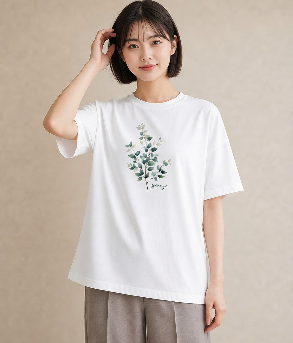 デザインTシャツ レディース 葉っぱ 植物 ボタニカル イラスト ニュアンス ビーチ デイリーウェア 白T
