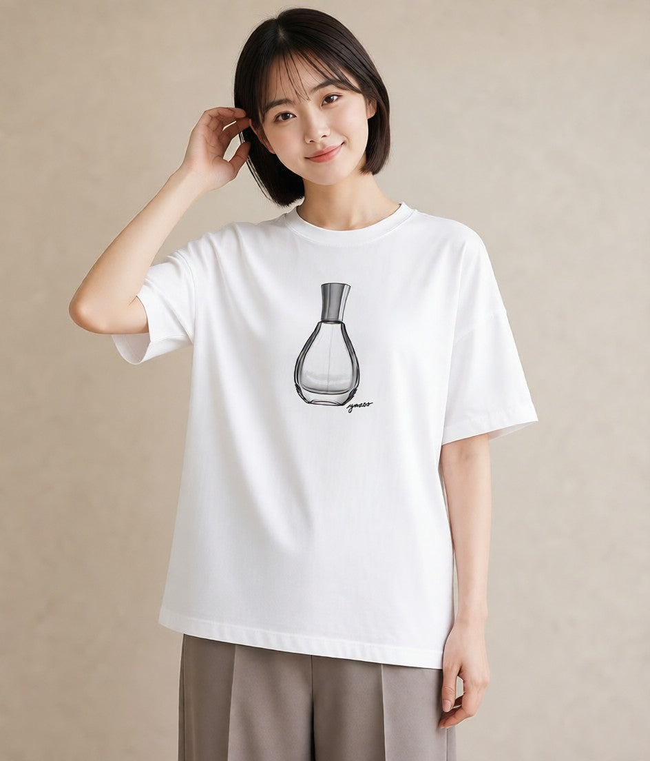 Tシャツ レディース 香水 香水瓶 パフューム イラスト 線画 ビーチ デイリーウェア 白T