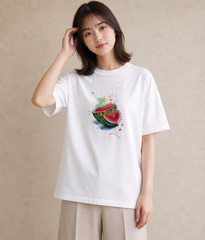 デザインTシャツ レディース すいか 食べ物 フード イラスト 個性的 旅行 母娘コーデ 白T