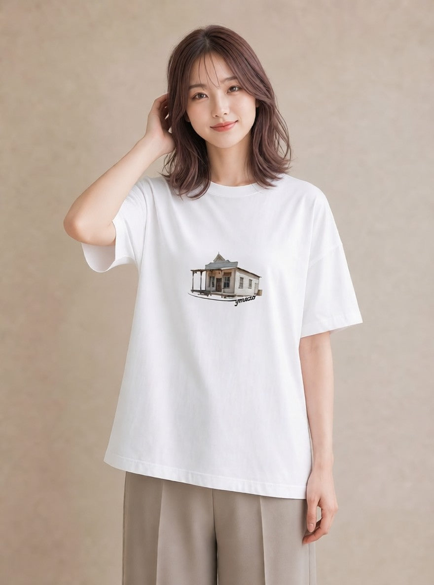 プリントTシャツ レディース 駅のホーム ローカル線 駅 ナチュラル アンティーク イラスト ラフカジュアル カフェ服 クリスマス 白T