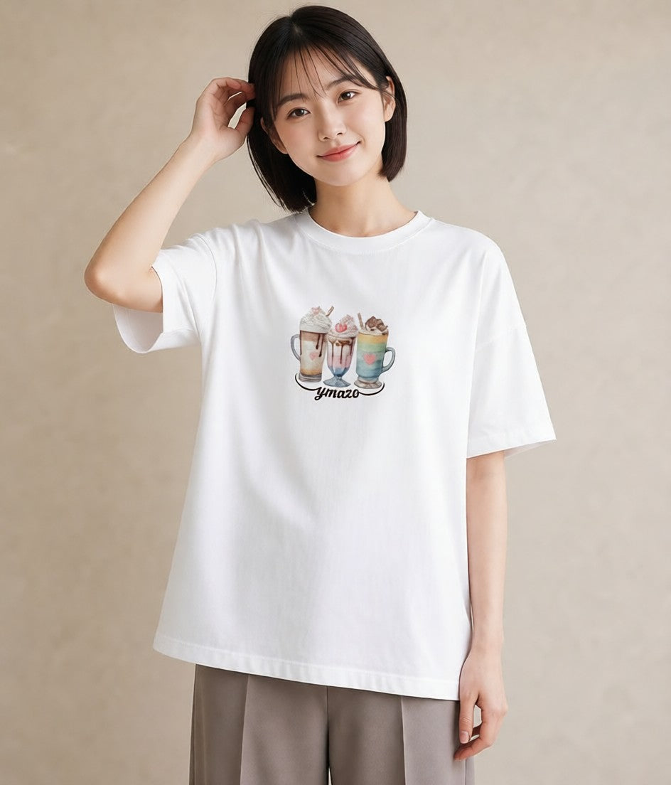 グラフィックTシャツ レディース ココア 食べ物 フード イラスト 淡色 休日 ペアコーデ 白T