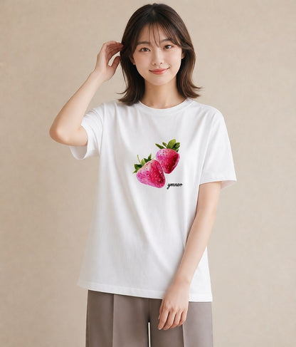 半袖Tシャツ レディース ショートケーキ 食べ物 フード イラスト 手描き風 お出かけ 普段着 白T