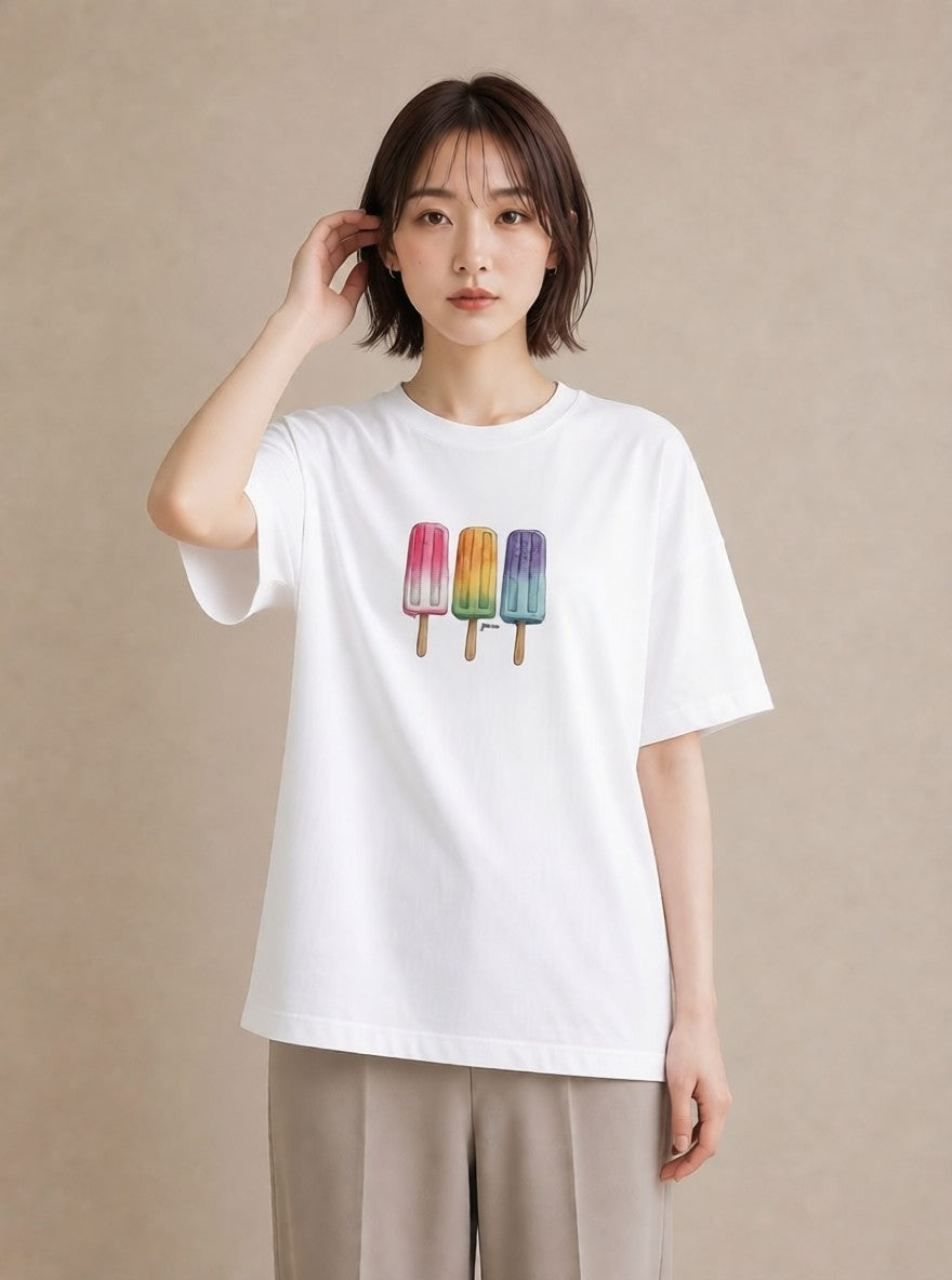 プリントTシャツ レディース マカロン 食べ物 フード イラスト アート風 カジュアルコーデ 買い物 白T