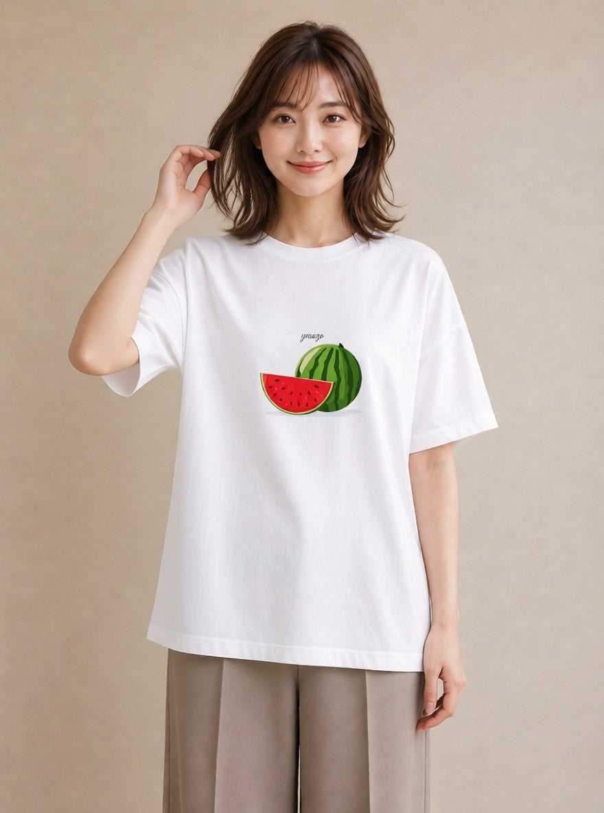 プリントTシャツ レディース すいか 食べ物 フード イラスト ラフカジュアル 在宅 公園 白T
