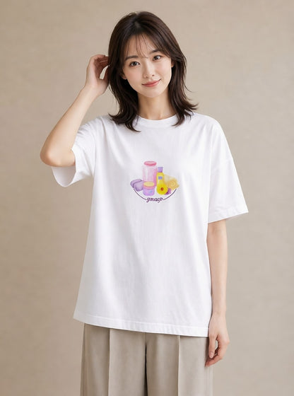 半袖Tシャツ レディース マカロン 食べ物 フード イラスト レトロ 20代 カジュアルコーデ 白T