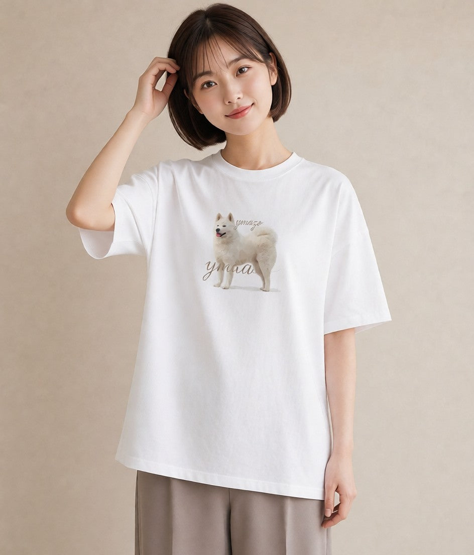 Tシャツ レディース サモエド 犬 いぬ イラスト ボタニカル ママ カフェ服 白T