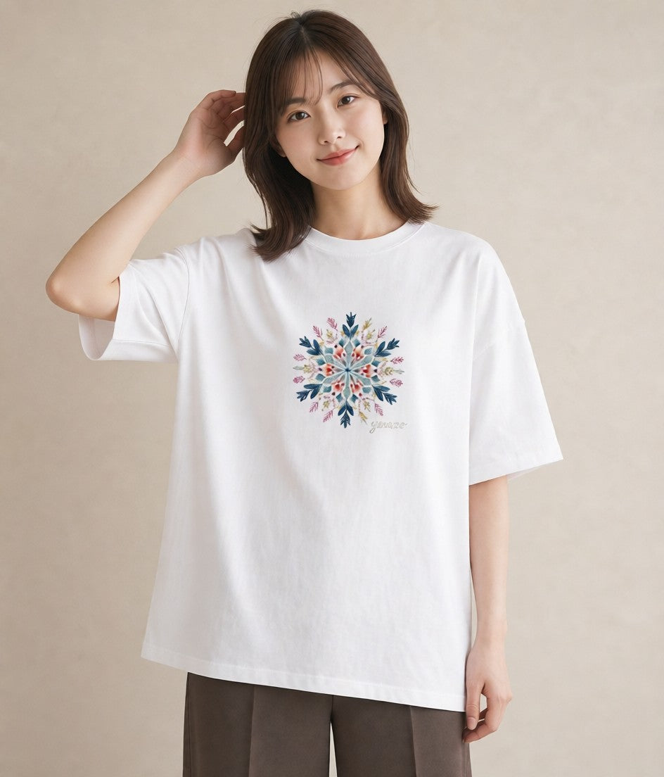 グラフィックTシャツ レディース 雪の結晶 星空 宇宙 イラスト 水彩風 ママ カフェ服 白T
