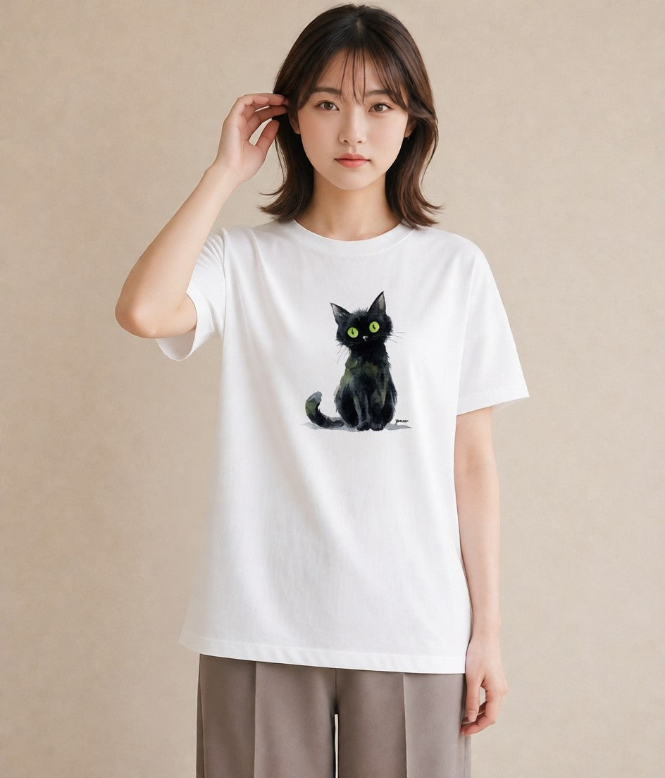 デザインTシャツ レディース 黒猫 猫 ねこ イラスト アート風 母娘コーデ 自分用 白T