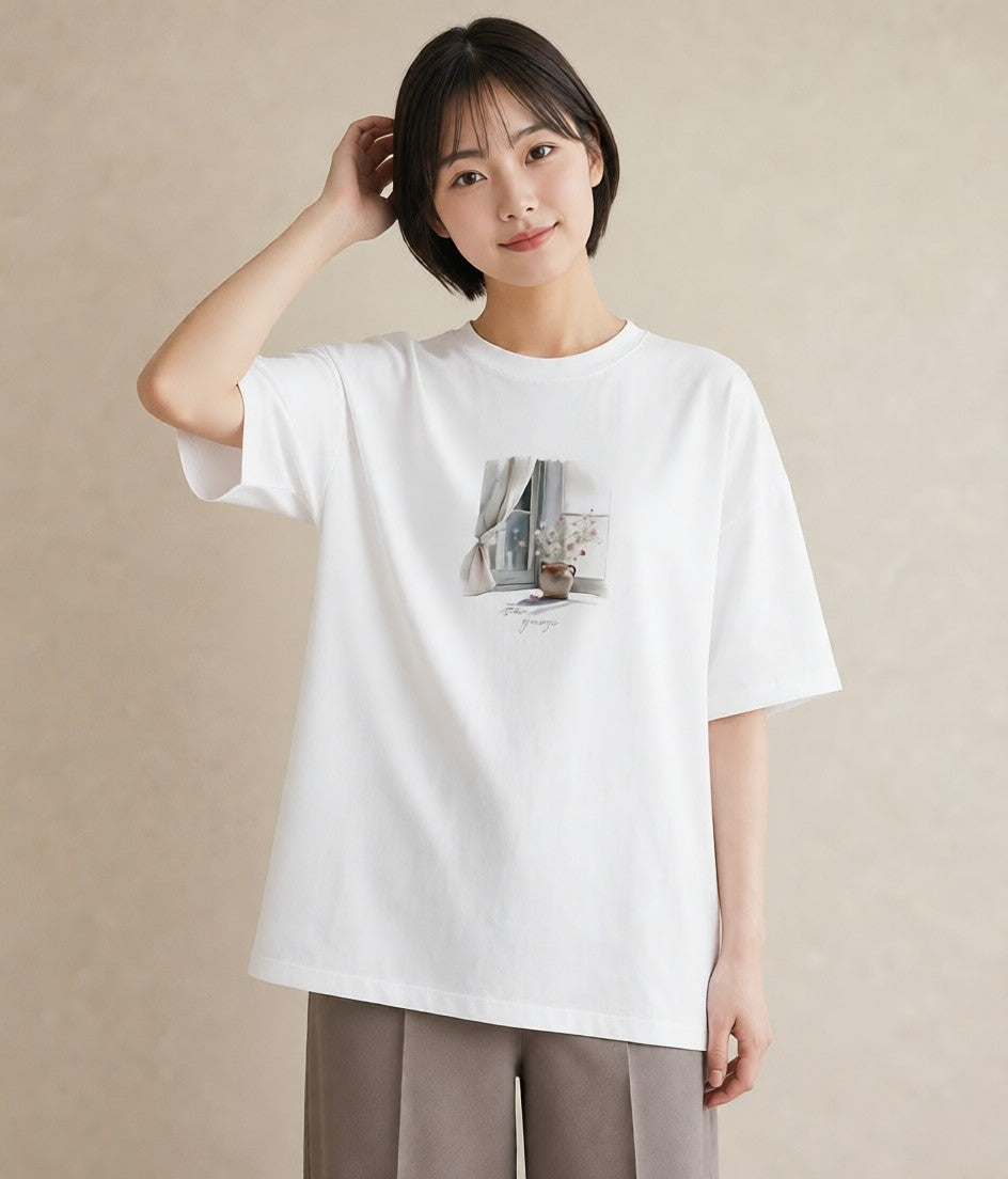 グラフィックTシャツ レディース 夕暮れ バルコニー 夕焼け ナチュラル アンティーク イラスト 韓国風 綿100 デート 白T