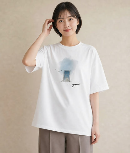 半袖Tシャツ レディース 遠い家と鳥 風景 鳥 ナチュラル アンティーク イラスト お出かけ 普段着 白T