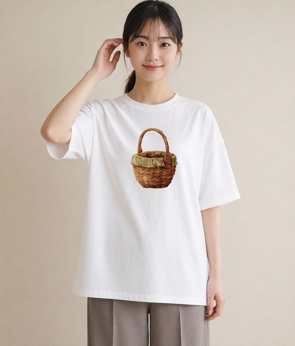 半袖Tシャツ レディース 自転車のかご 自転車 花かご ナチュラル アンティーク イラスト ゆるコーデ カフェ巡り 女子会 白T