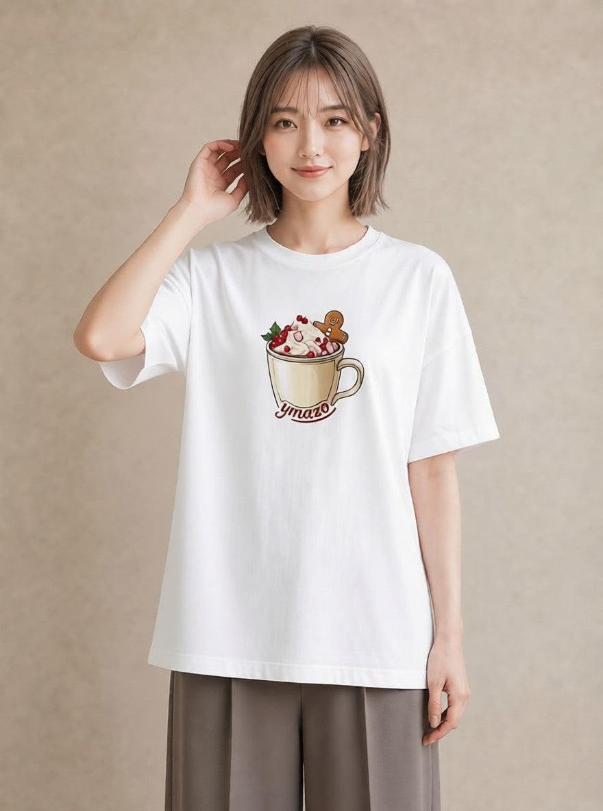 半袖Tシャツ レディース ココア 食べ物 フード イラスト レトロ 夏コーデ 通学 白T